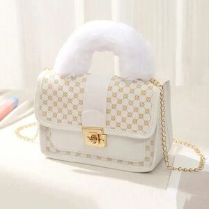 White Mini Crossbody Bag with Gold Chain & Faux Fur Handle | Luxury Chic Shoulde